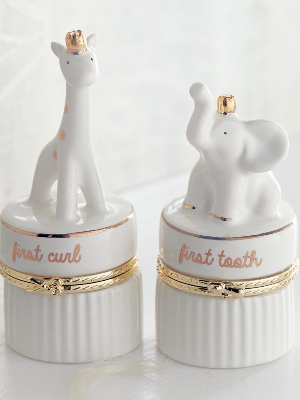 Mud Pie White Ceramic Baby Keepsake Jars with Gold Accents (Giraffe & Elephant)